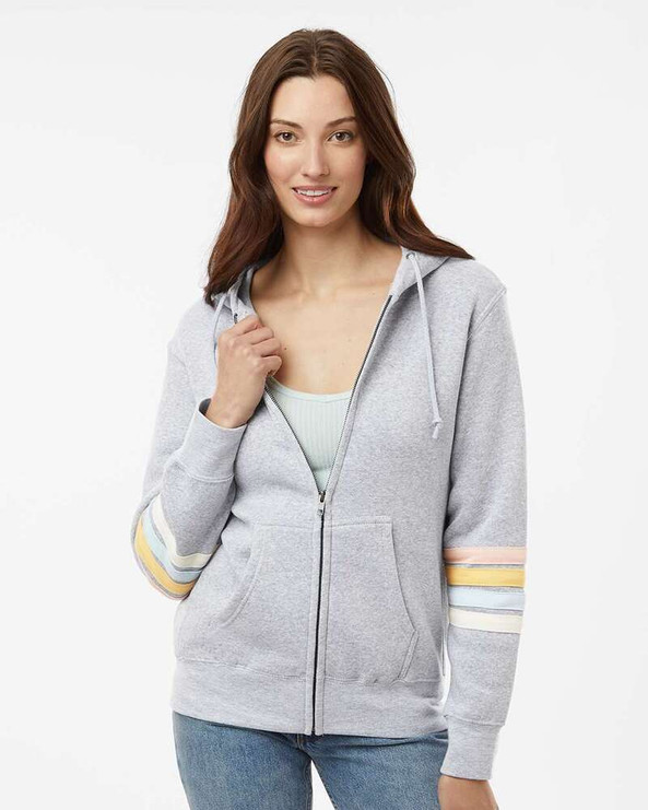 MV Sport W22732 - Women's Striped Sleeves Full-Zip Hooded Sweatshirt