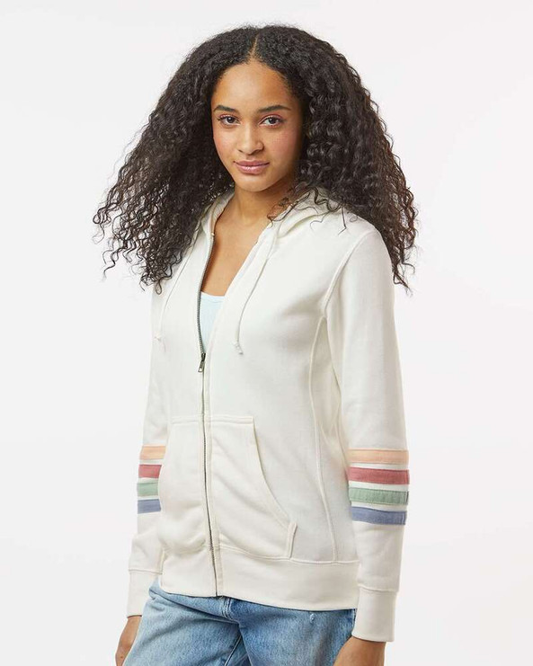 MV Sport W22732 - Women's Striped Sleeves Full-Zip Hooded Sweatshirt