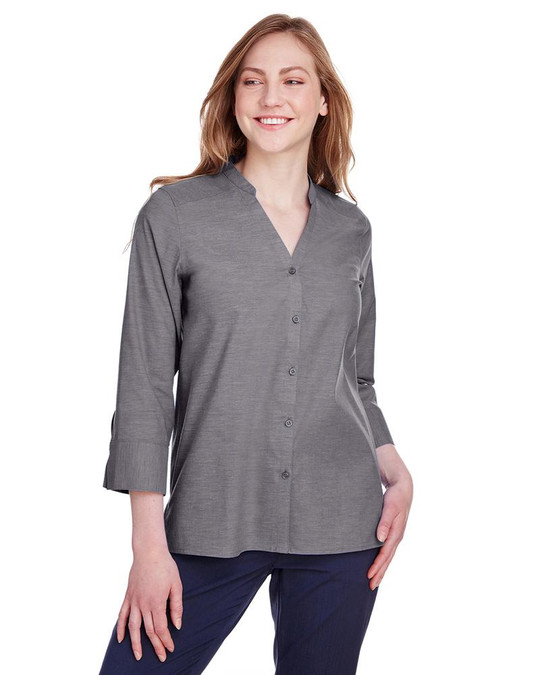 Devon & Jones DG562W - Blusa de manga 3/4 para damas Crown Collection Stretch Pinpoint Chambray