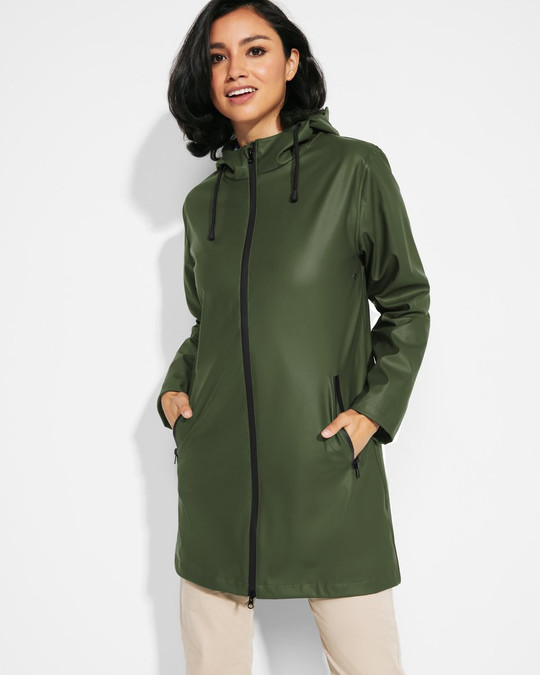 Roly CB5202 - SITKA WOMAN Waterproof raincoat with fixed hood and intergrated visor slightly fitted at the waist