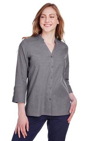 Devon & Jones DG562W - Blusa Elegante de Chambray con Mangas 3/4 para Mujer