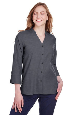 Devon & Jones DG562W - Womens Stretch Chambray 3/4 Sleeve Blouse with Pearl Buttons