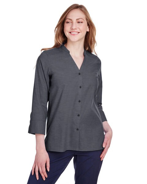 Devon & Jones DG562W - Blusa Elegante de Chambray con Mangas 3/4 para Mujer