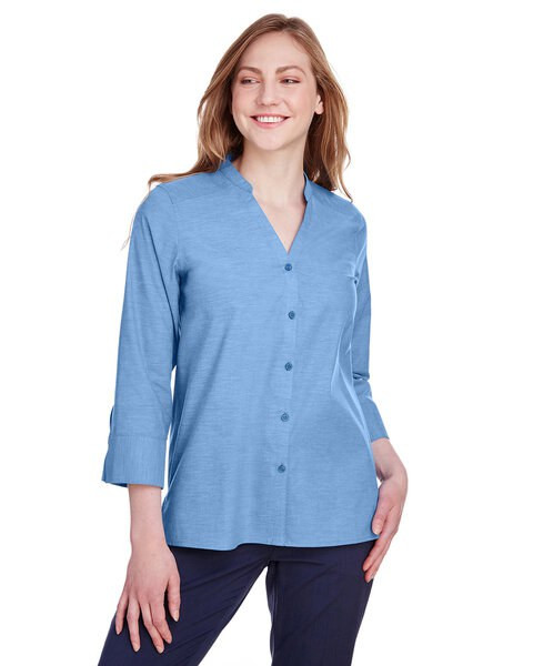 Devon & Jones DG562W - Women's Stretch Chambray 3/4 Sleeve Blouse with Pearl Buttons