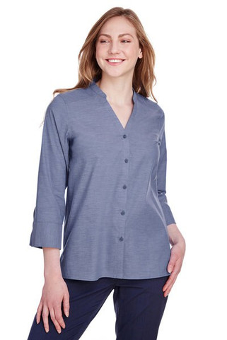 Devon & Jones DG562W - Blusa Elegante de Chambray con Mangas 3/4 para Mujer