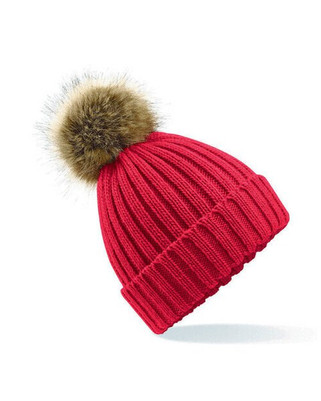 Beechfield B412 - Luxury Ribbed Knit Beanie with Faux Fur Pom Pom