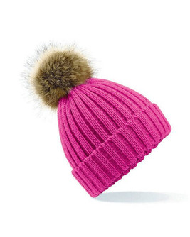 Beechfield B412 - Luxury Ribbed Knit Beanie with Faux Fur Pom Pom