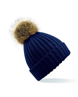 Beechfield B412 - Luxury Ribbed Knit Beanie with Faux Fur Pom Pom