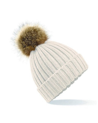 Beechfield B412 - Luxury Ribbed Knit Beanie with Faux Fur Pom Pom