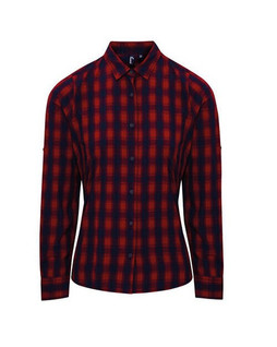 Premier Workwear PR350 - Womens Cotton Checkered Long Sleeve Shirt with Roll-Up