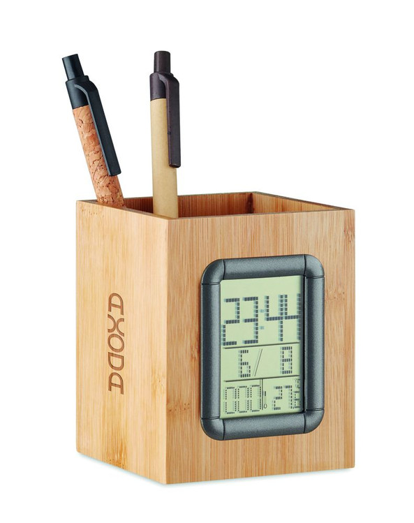 GiftRetail MO6289 - MANILA Eco-Friendly Bamboo Penholder with LCD Clock and Thermometer