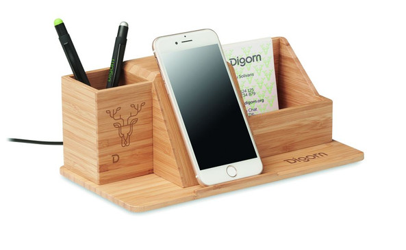 GiftRetail MO6345 - GROOVY Eco-Friendly Bamboo Wireless Charging Desk Organizer