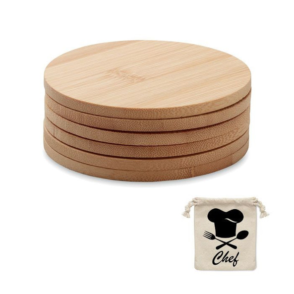 GiftRetail MO6601 - BAYIN SET Eco-Friendly Bamboo Coasters Set with Cotton Bag