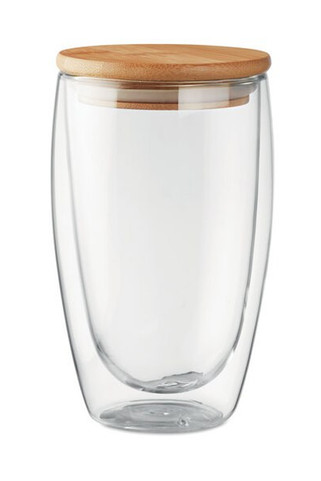 TIRANA LARGE Eco-Friendly Double Wall Glass with Bamboo Lid 450ml - GiftRetail MO9721