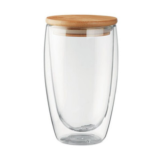 TIRANA LARGE Eco-Friendly Double Wall Glass with Bamboo Lid 450ml - GiftRetail MO9721