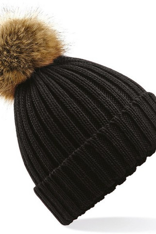 Beechfield B412 - Ultra Soft Ribbed Knit Beanie with Faux Fur Pom Pom