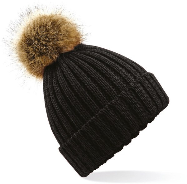 Beechfield B412 - Ultra Soft Ribbed Knit Beanie with Faux Fur Pom Pom