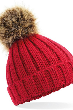 Beechfield B412 - Ultra Soft Ribbed Knit Beanie with Faux Fur Pom Pom