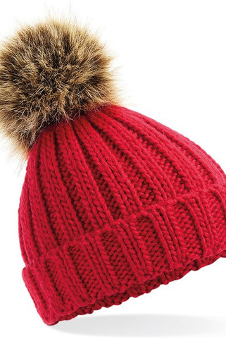 Beechfield B412 - Ultra Soft Ribbed Knit Beanie with Faux Fur Pom Pom