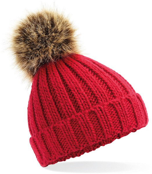 Beechfield B412 - Ultra Soft Ribbed Knit Beanie with Faux Fur Pom Pom