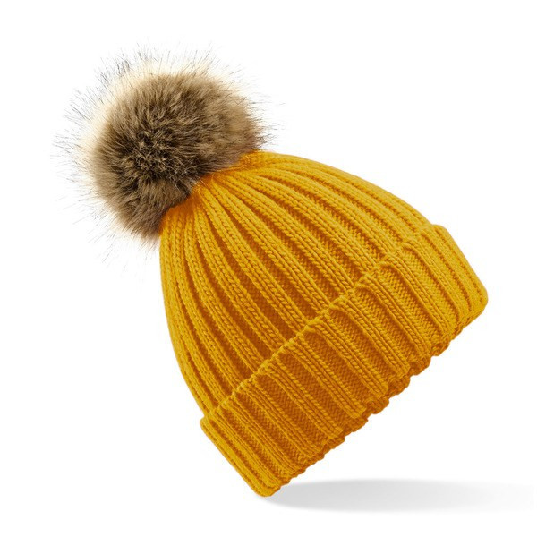 Beechfield B412 - Ultra Soft Ribbed Knit Beanie with Faux Fur Pom Pom