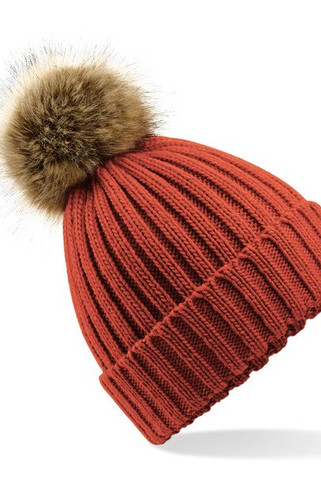 Beechfield B412 - Ultra Soft Ribbed Knit Beanie with Faux Fur Pom Pom