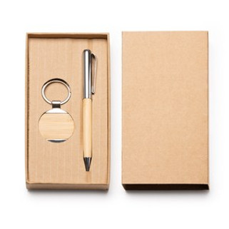 SET PAULOV Ensemble stylo à bille et porte-clés en bambou avec détails métalliques - EgotierPro HW1336