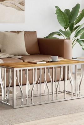vidaXL 3017588 - Table basse argenté acier inoxydable et bois massif d'acacia