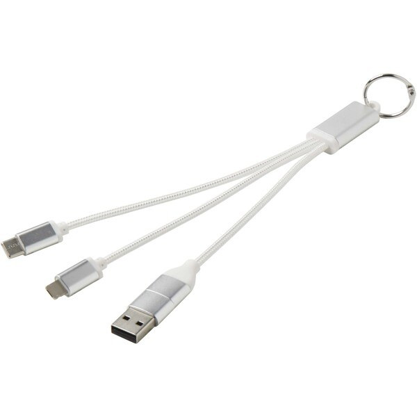 Metal 4-in-1 recycled aluminium charging cable with keychain - EgotierPro 124382