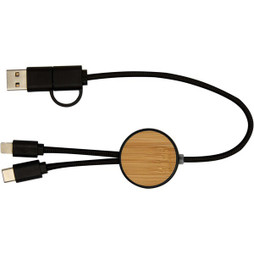 PF Concept 124421 - Chechia 5-in-1 recycled plastic 30 cm data sync and 27W fast charge cable with bamboo details