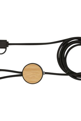 Chechia 5-in-1 recycled plastic 150 cm data sync and 27W fast charge cable with bamboo details - EgotierPro 124422