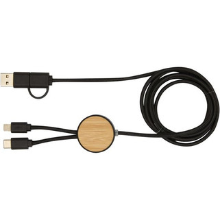 Chechia 5-in-1 recycled plastic 150 cm data sync and 27W fast charge cable with bamboo details - EgotierPro 124422