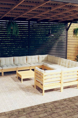 vidaXL 3097025 - Salon de jardin 12 pcs avec coussins crème Bois de pin