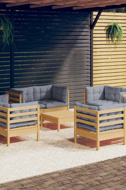 vidaXL 3096063 - Salon de jardin 9 pcs avec coussins gris bois de pin