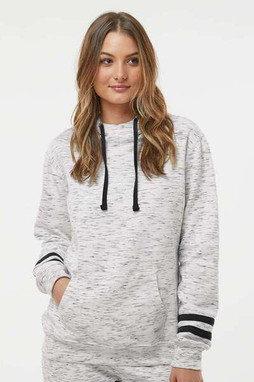 J. America 8674 - Women’s Mélange Fleece Striped-Sleeve Hooded Sweatshirt