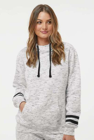 J. America 8674 - Women’s Mélange Fleece Striped-Sleeve Hooded Sweatshirt