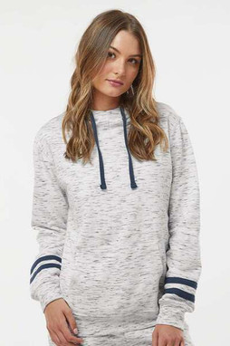 J. America 8674 - Women’s Mélange Fleece Striped-Sleeve Hooded Sweatshirt