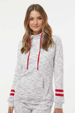 J. America 8674 - Women’s Mélange Fleece Striped-Sleeve Hooded Sweatshirt