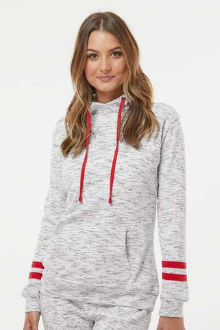 J. America 8674 - Sudadera con capucha y mangas de rayas de vellón Mélange para mujer