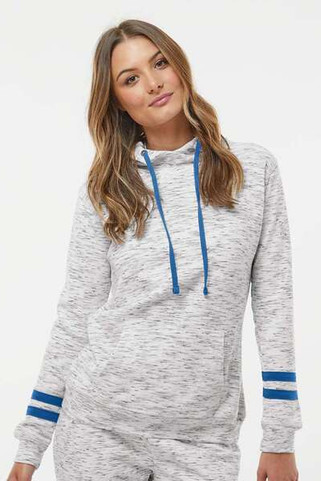 J. America 8674 - Women’s Mélange Fleece Striped-Sleeve Hooded Sweatshirt