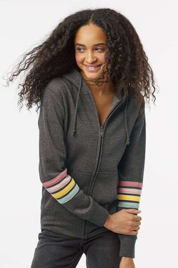 MV Sport W22732 - Sudadera con capucha y cremallera completa y mangas a rayas para mujer