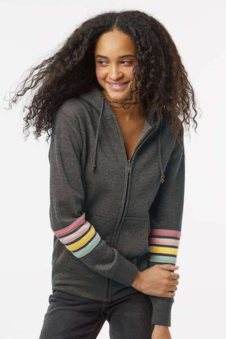 MV Sport W22732 - Womens Striped Sleeves Full-Zip Hooded Sweatshirt