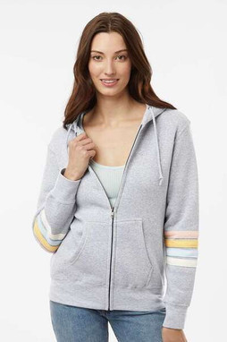MV Sport W22732 - Womens Striped Sleeves Full-Zip Hooded Sweatshirt