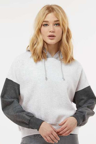 MV Sport W23716 - Womens Sueded Fleece Colorblocked Crop Hooded Sweatshirt
