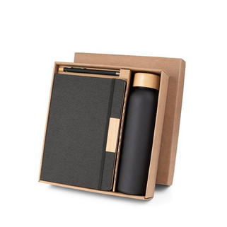Set comprising 1 ballpoint pen, 1 notepad and 1 bottle, made from recycled PET, recycled aluminium and bamboo - Egotier 93673