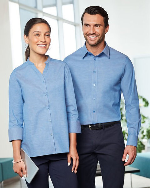 Devon & Jones DG562W - Women's Stretch Chambray 3/4 Sleeve Blouse with Pearl Buttons