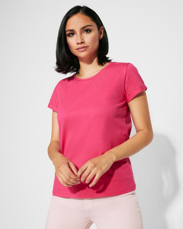 Roly CA6643 - CIES T-shirt feminina com gola redonda no mesmo tecido e tapa costuras interior com o mesmo tom