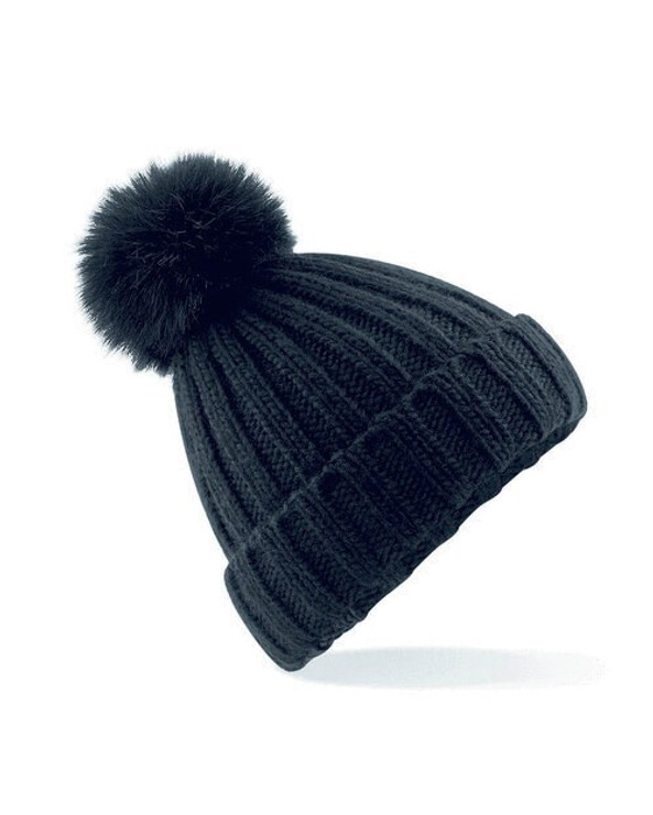 Beechfield B413 - Luxurious Ribbed Knit Beanie with Faux Fur Pom Pom