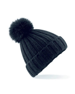 Beechfield B413 - Luxurious Ribbed Knit Beanie with Faux Fur Pom Pom
