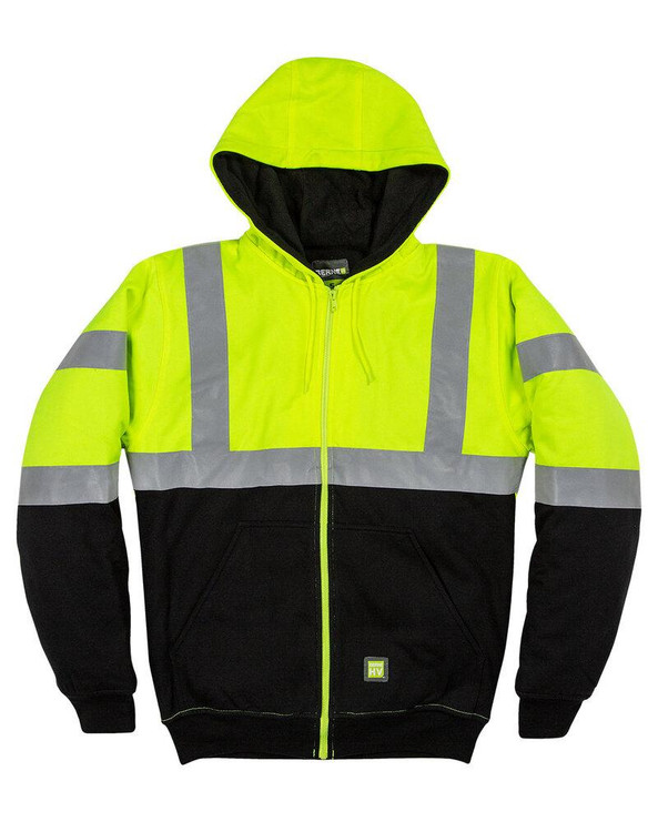 Berne HVF023 - Men's Hi-Vis Class 3 Color Block Full-Zip Hooded Sweatshirt